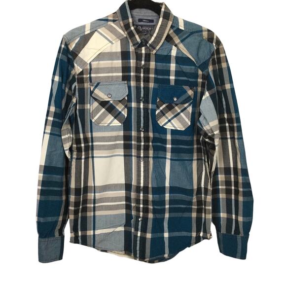 American Rag Western Cowboy Blue Plaid Snap Front Rodeo Shirt Men's S - Picture 1 of 13